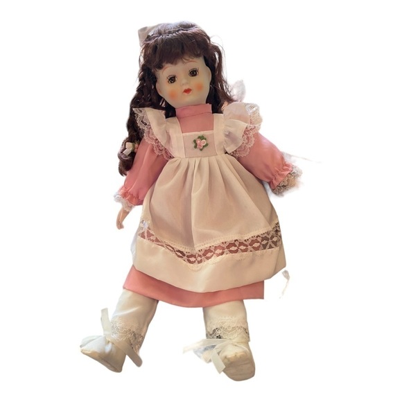 Effanbee 16” Brunette Porcelain Doll White Petticoat Pink Dress Original Box - Picture 1 of 11